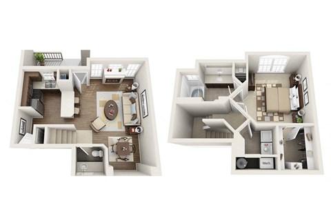 Floor plan for 1 bed, 1.5 baths, 895 sqft